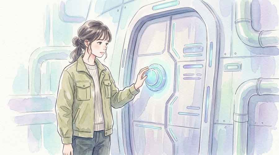 冷凍機と電力メーターを見比べながら省エネかどうか調べる女性
