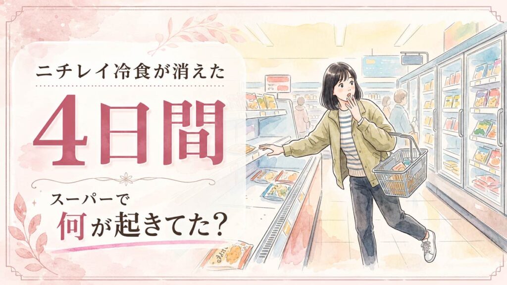 ニチレイ冷凍食品の棚が空になったスーパーの陳列風景