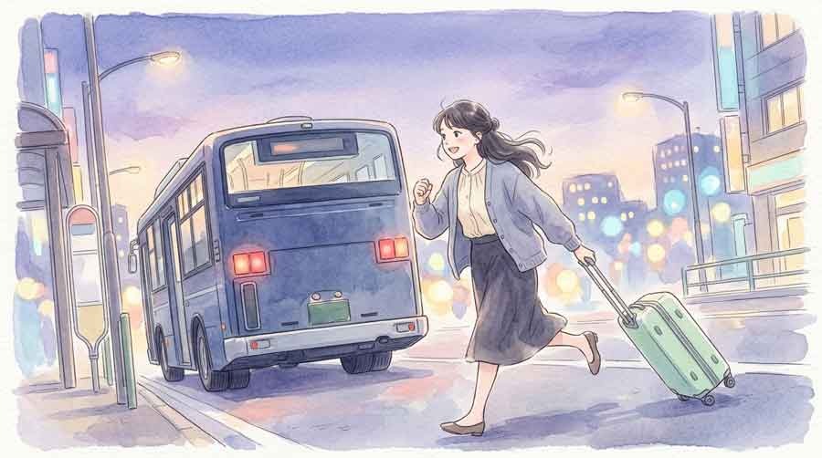 夜行バスホテル代わりのバス泊で夜に出発する女性のわくわくした表情