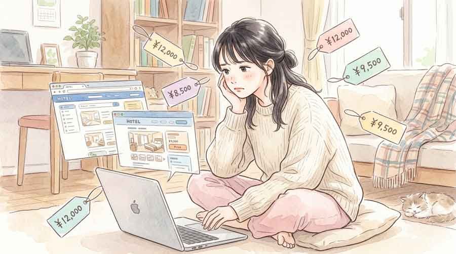 バス泊が話題になっている理由を示すホテルの予約画面と困り顔の女性