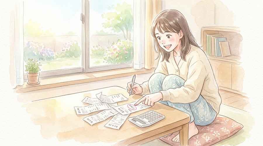 夜行バスとホテル代を比較して節約額を電卓で計算する様子