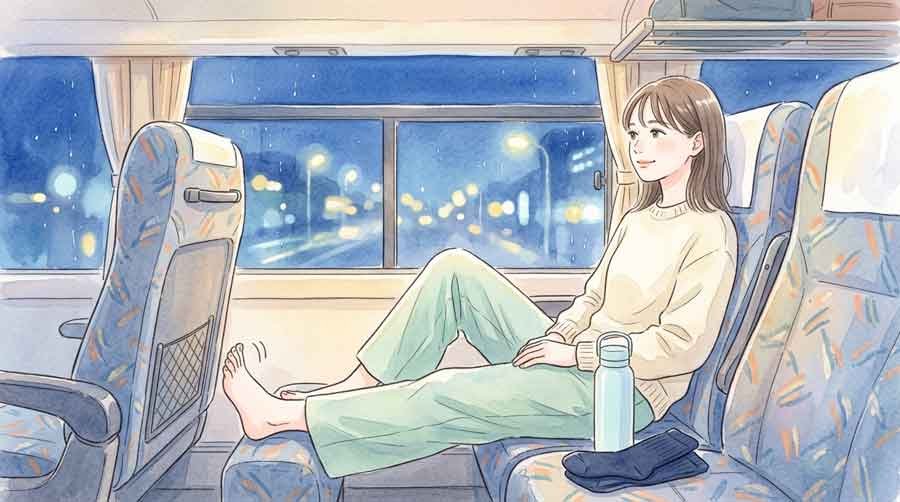 夜行バスの座席でふくらはぎのストレッチをする女性