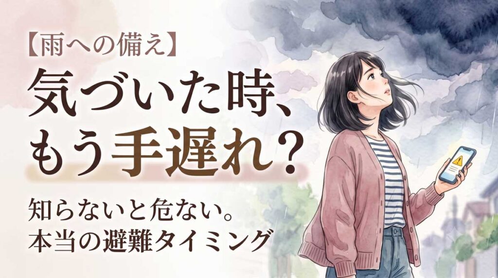 線状降水帯の暗い空を見上げて驚く女性、スマホに緊急速報が届く瞬間