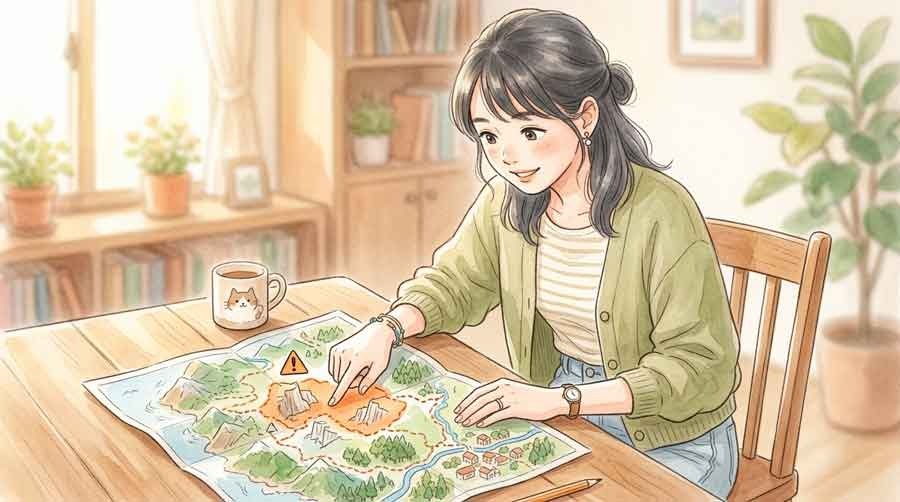 コースマップを見ながら難所を確認する女性のイラスト