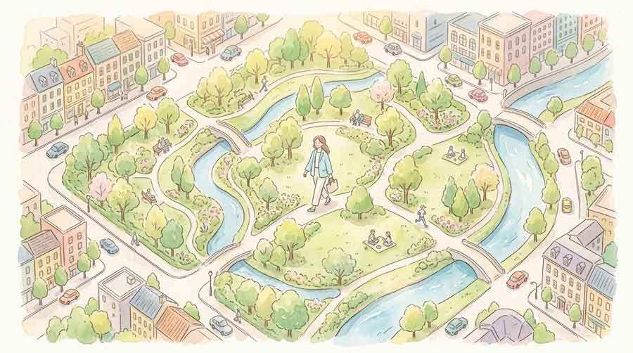 コースマップを俯瞰で確認する女性のイラスト