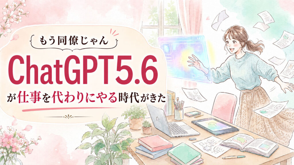 ChatGPT5.6の新機能に驚く女性、デスクで浮かび上がるAIエージェントの光