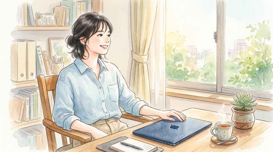 70%で働く女性がデスクで穏やかに微笑む職場シーン