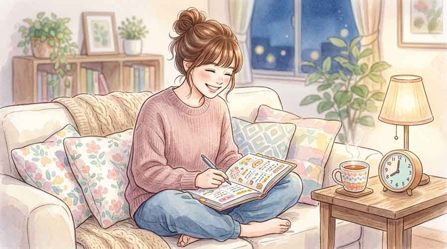 AIツールを使いながら落ち着いて働く女性のデスクシーン