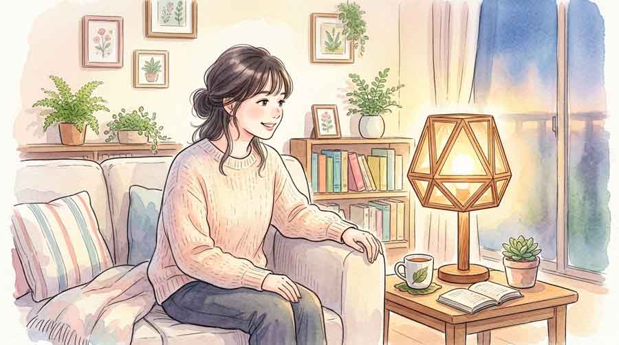 リビングでタリアセン照明を見つめて興味津々な表情の女性