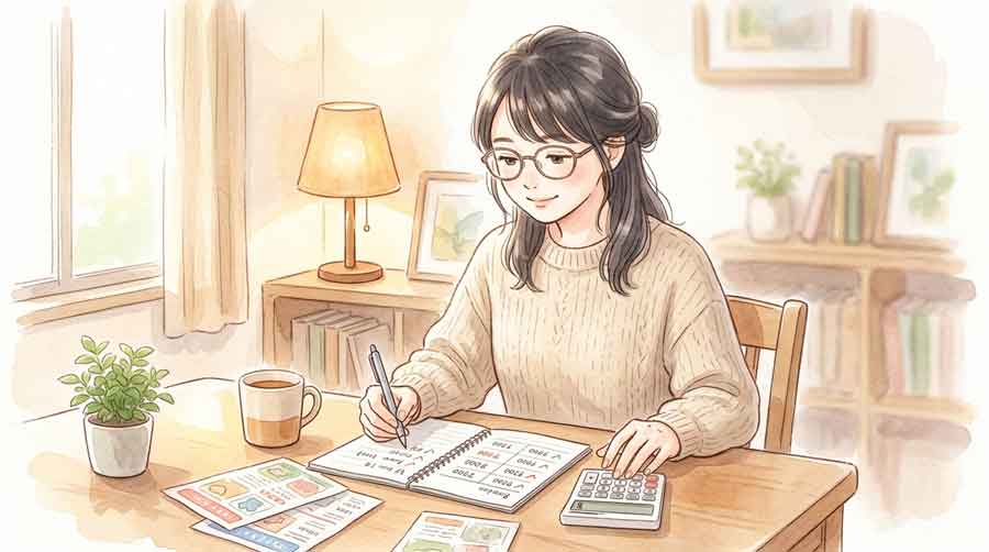 電卓とメモで予算を計算する女性