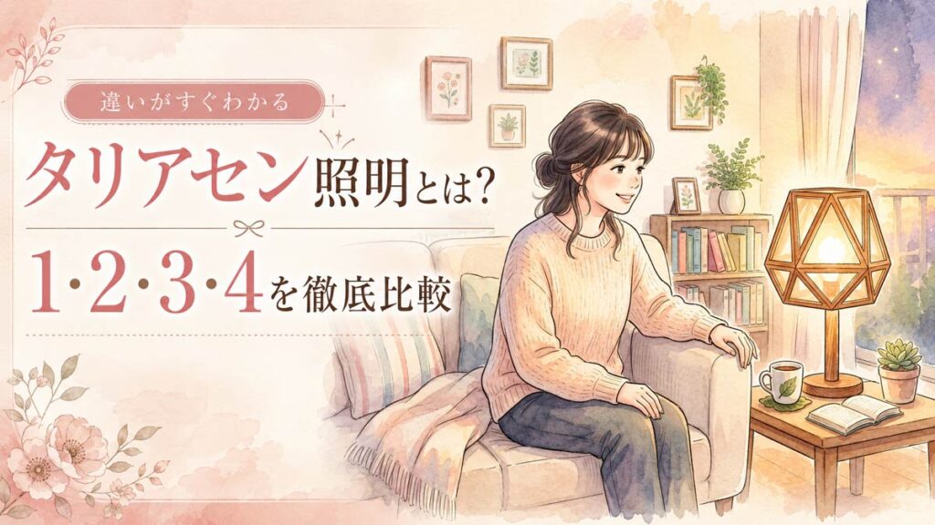 リビングでタリアセン照明を見つめて興味津々な表情の女性