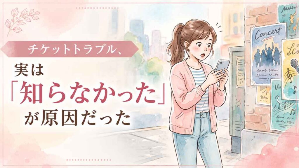 チケット払い戻し リセール できない 困惑する女性がスマートフォンを見ている