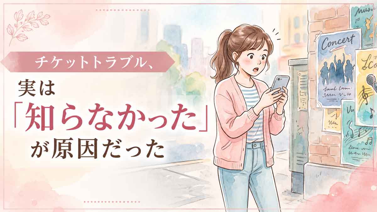 チケット払い戻し リセール できない 困惑する女性がスマートフォンを見ている