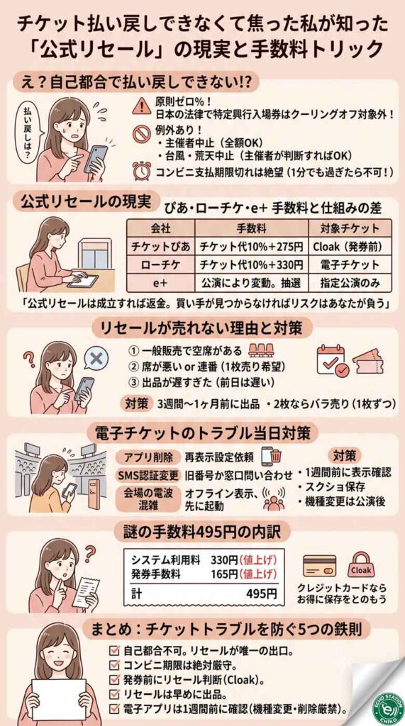 チケット払い戻しできなくて焦った私が知った「公式リセール」の現実と、3社の手数料トリックインフォグラフ