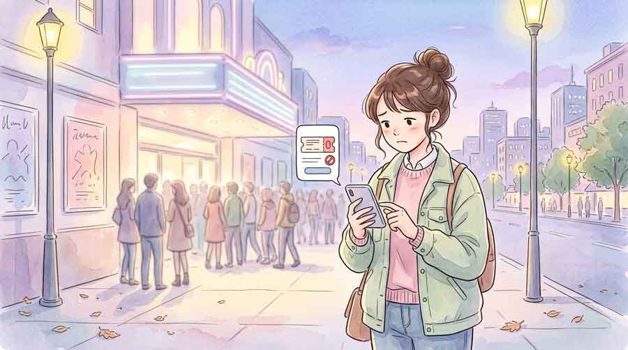 PIC5|電子チケット 表示されない スマチケ tixeebox 焦る女性が会場前でスマホを操作している