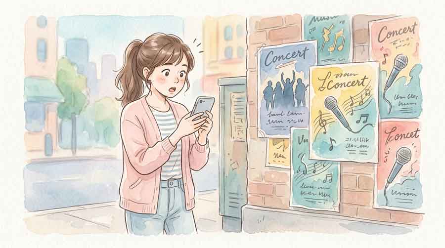 チケット払い戻し リセール できない 困惑する女性がスマートフォンを見ている
