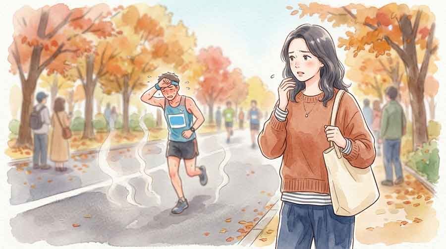 猛暑の中で苦しそうな表情を見せる選手のイラスト