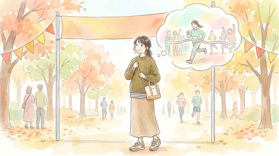 本戦での活躍を想像しながら微笑む女性ファンのイラスト