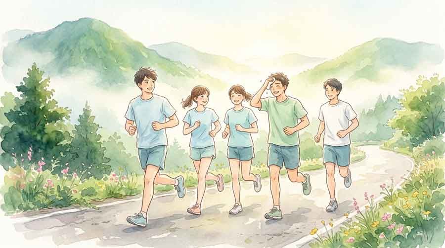 夏合宿で走り込む若手選手たちのイラスト