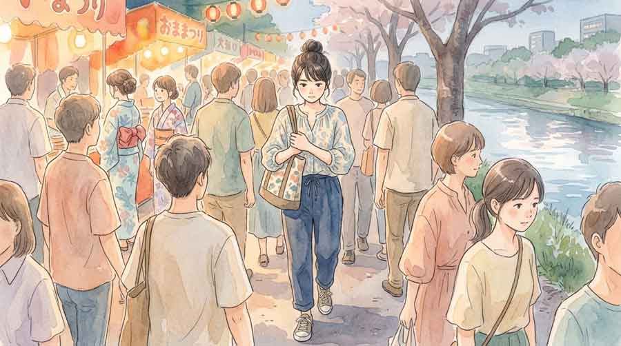浅草駅混雑回避のため人混みから離れて歩く観覧客の様子