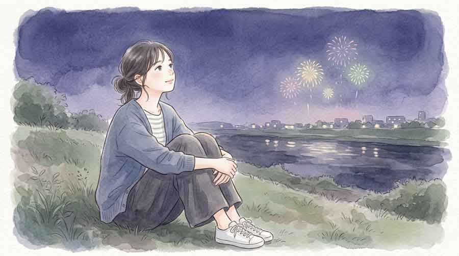 隅田川花火大会2026の穴場スポット荒川土手から夜空を見上げる様子