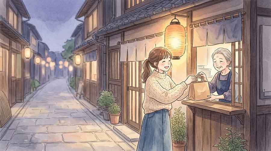 浅草の商店街でテイクアウトのご飯を選んで受け取る様子
