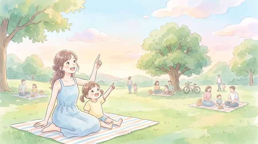 汐入公園でレジャーシートを広げて座る親子連れの様子