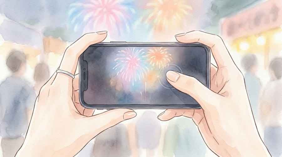 スマホでAE/AFロックを使い花火を撮影する手元の様子