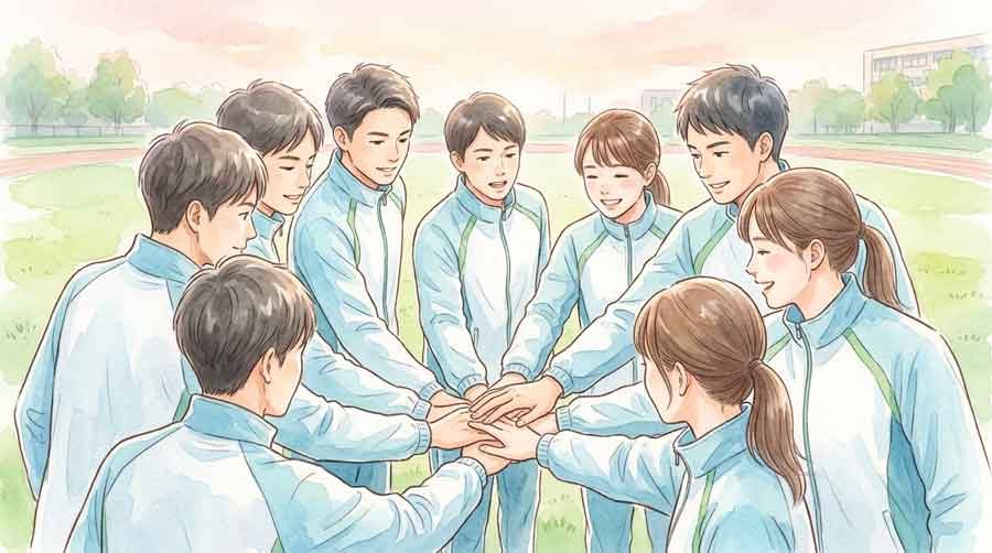 新主将を中心に円陣を組む東洋大学の選手たちのイラスト