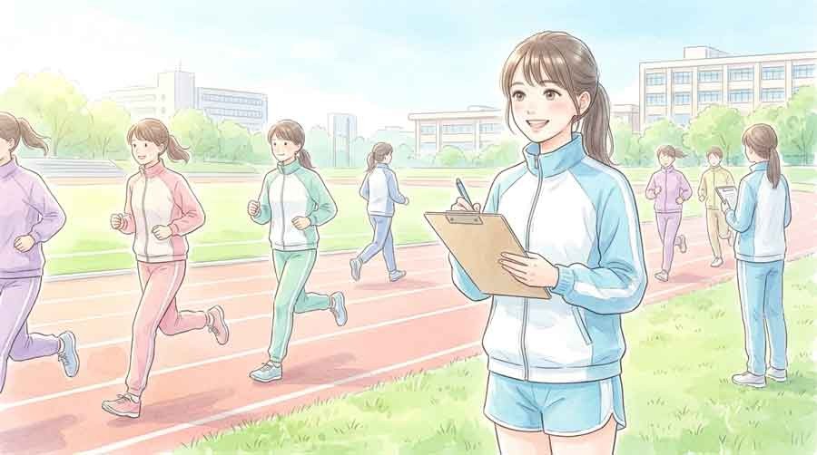練習に励むエース選手を見守るチームメイトのイラスト
