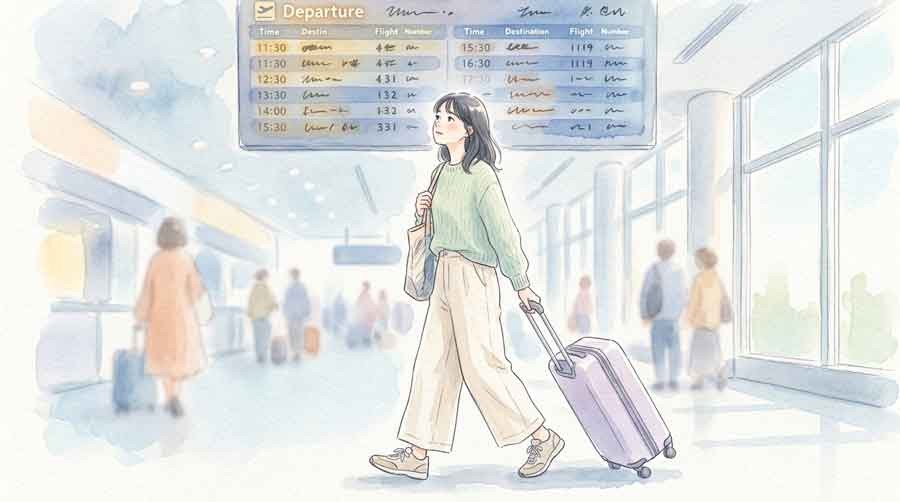 台風接近時の空港や港でチェックする旅行者