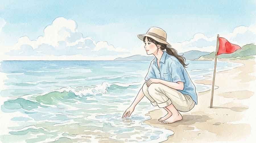 晴天の沖縄の海で遊泳を控える様子