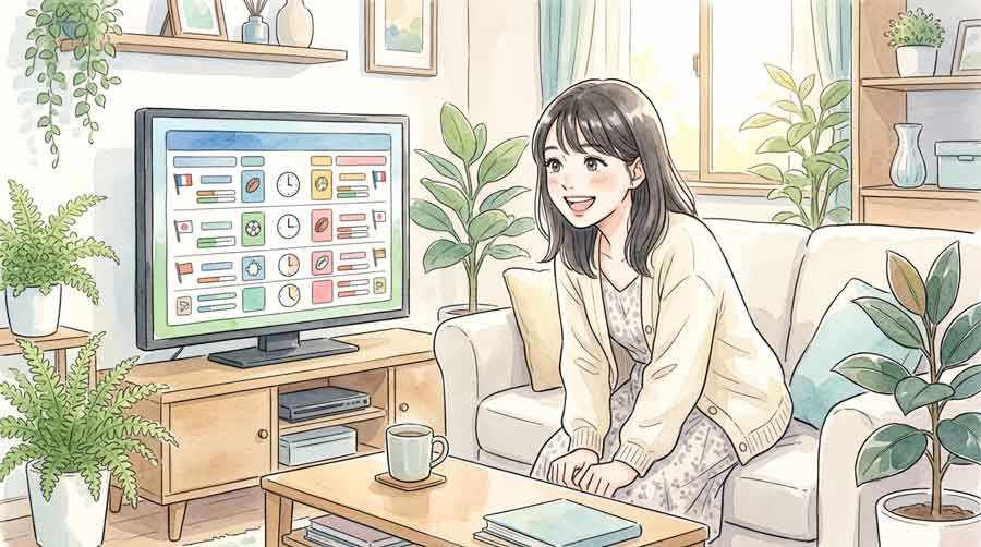 ワールドカップ準々決勝の日程表を見て目を輝かせる女性の様子