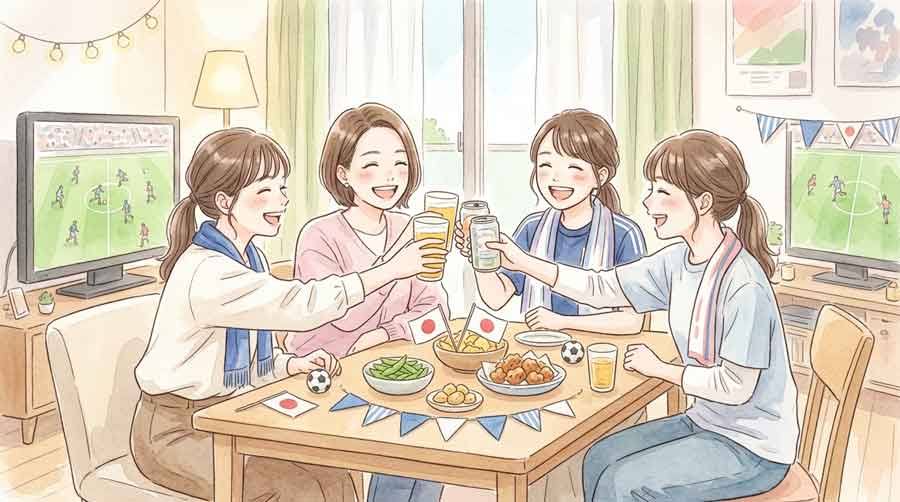 W杯観戦グッズを手に仲間と乾杯するホームパーティーの様子