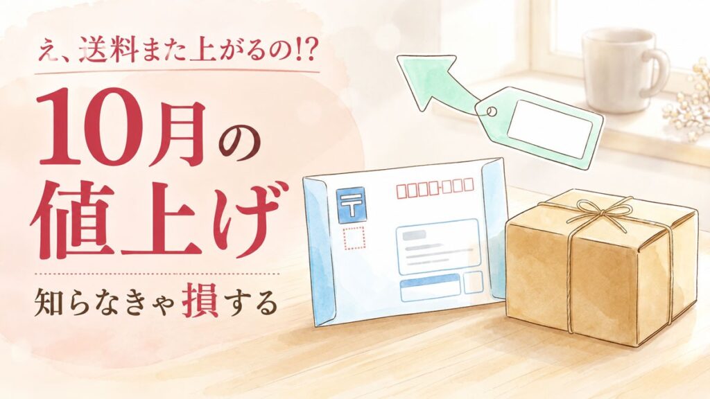ゆうパック値上げ2026年10月、荷物を抱えて驚く女性のイラスト