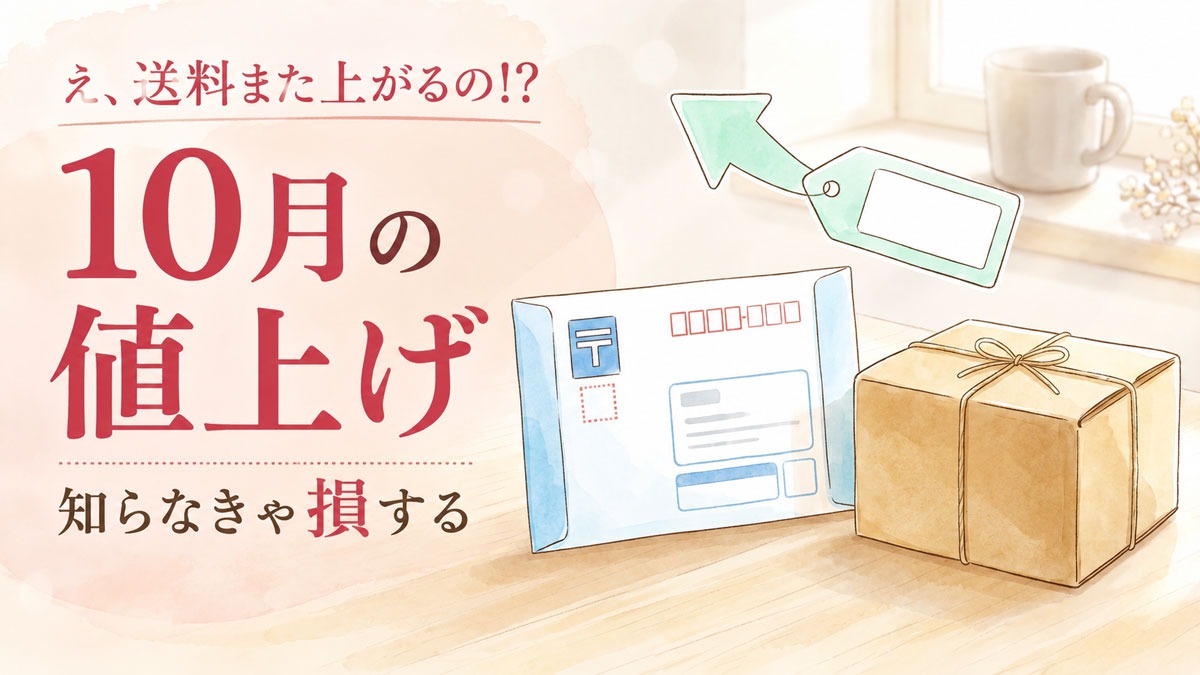 ゆうパック値上げ2026年10月、荷物を抱えて驚く女性のイラスト
