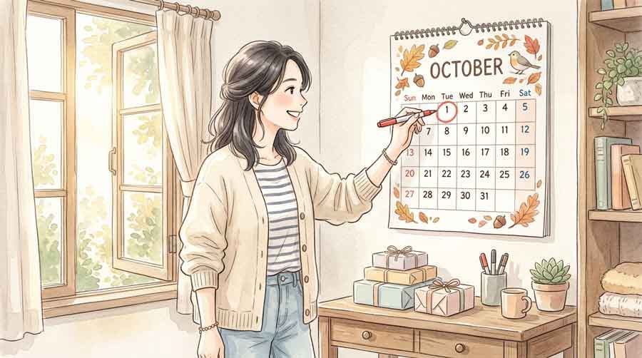 ゆうパック値上げいつから2026年10月、カレンダーを確認する女性のイラスト