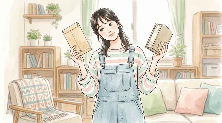 クリックポスト240円値上げ、封筒を手に持ち考え込む女性のイラスト