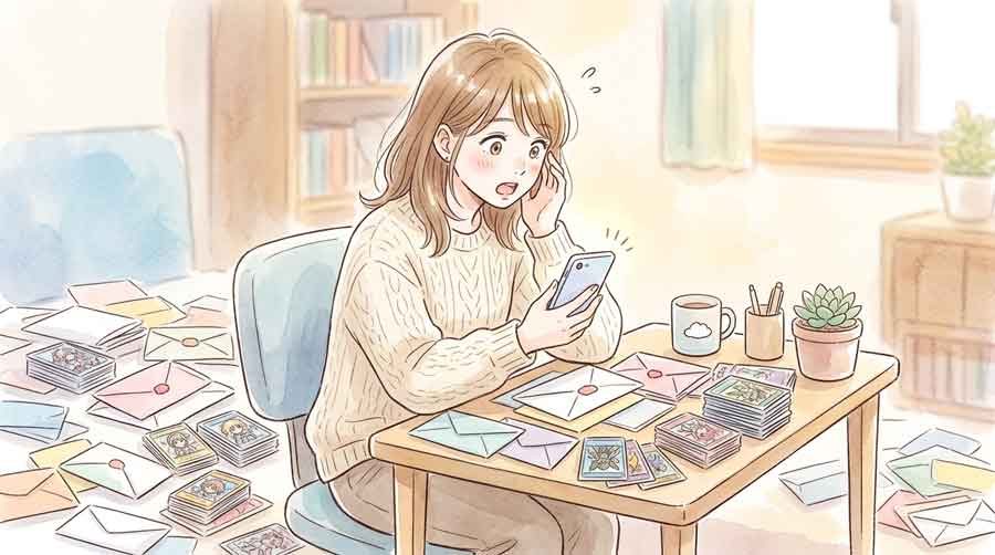 ゆうパケット360円統一、驚いた表情でスマホの通知を見る女性のイラスト