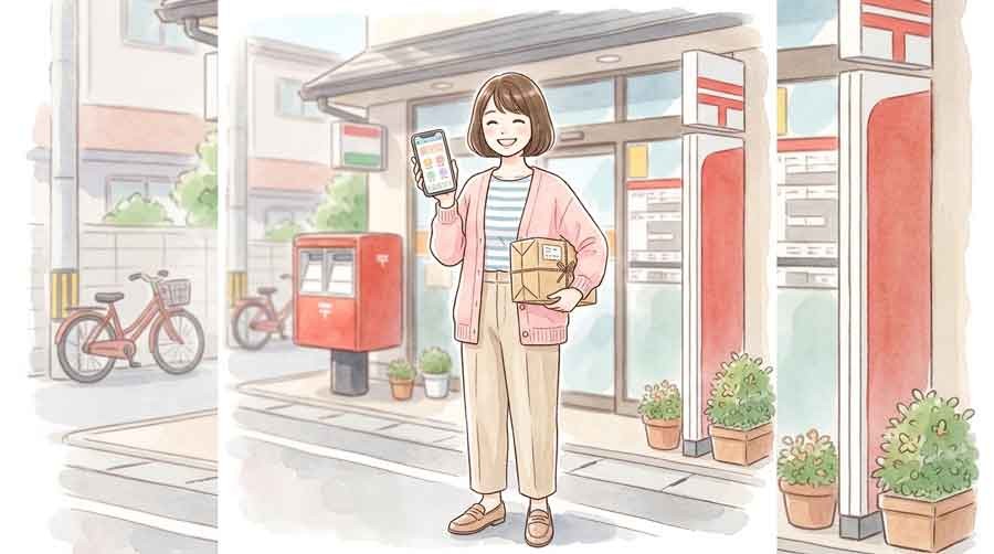 ゆうパックスマホ割活用、スマホで発送手続きをする女性のイラスト