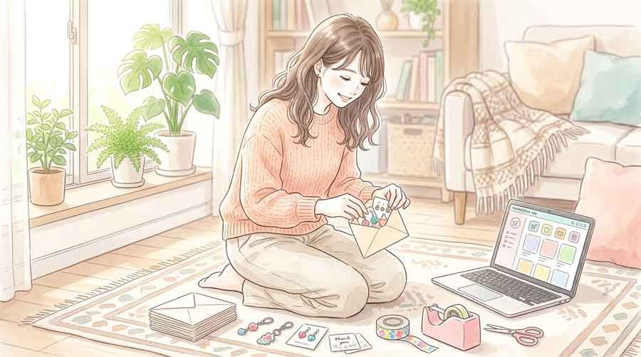 メルカリ出品、商品を梱包して発送準備する女性のイラスト