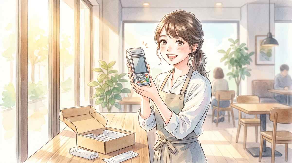 新しい決済サービスの端末を導入する飲食店スタッフ