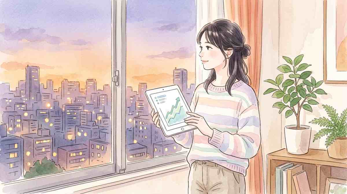 投資アプリの画面を見て元本を心配する女性