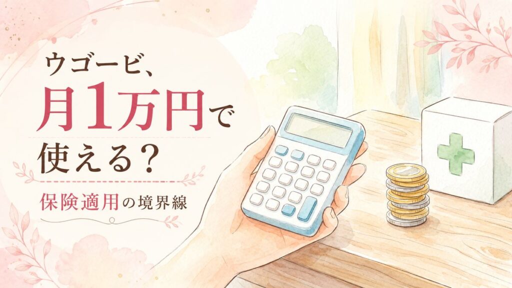 ウゴービの薬代と保険適用条件を確認する女性のイラスト
