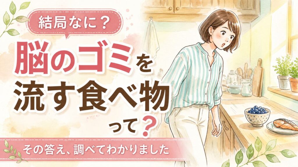 脳のゴミ食べ物を調べる女性と食卓に並ぶ青魚や野菜のイメージ
