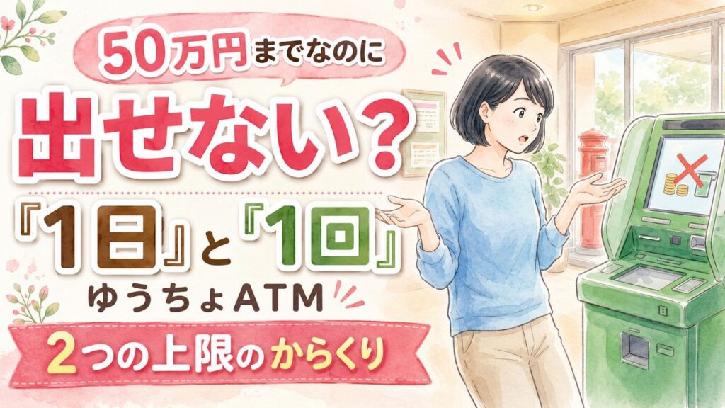 ゆうちょATMの引き出し限度額を確認して1日と1回の上限に悩む女性