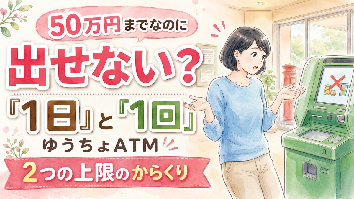 ゆうちょATMの引き出し限度額を確認して1日と1回の上限に悩む女性