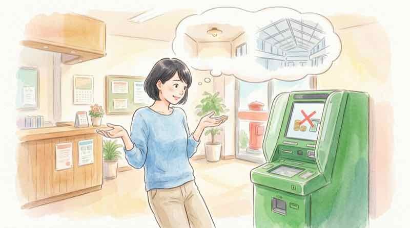 ゆうちょATMの引き出し限度額を確認して1日と1回の上限に悩む女性