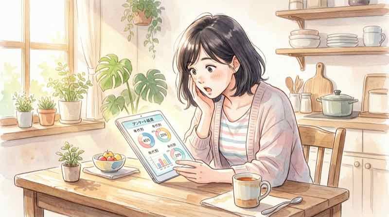 バスタオルキャンセルの調査データを見ながら驚く女性の朝の身支度シーン