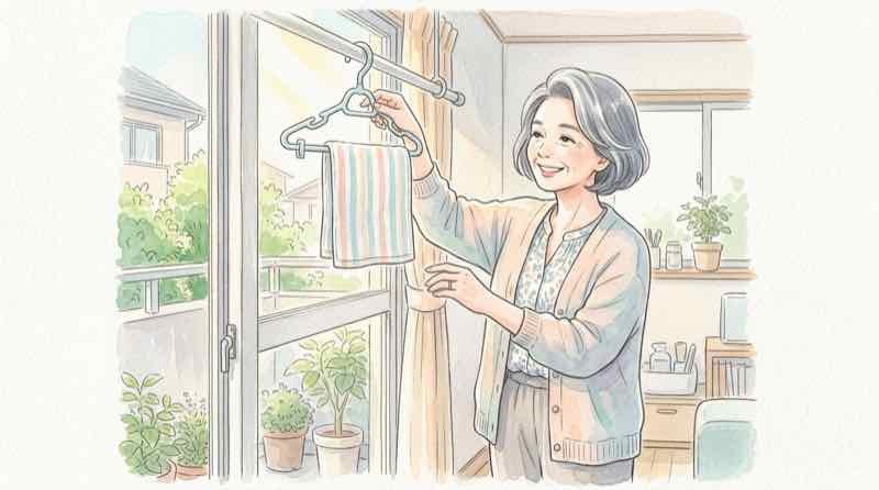 60代女性がハンガーに小さめタオルを掛けて物干しをしている様子
